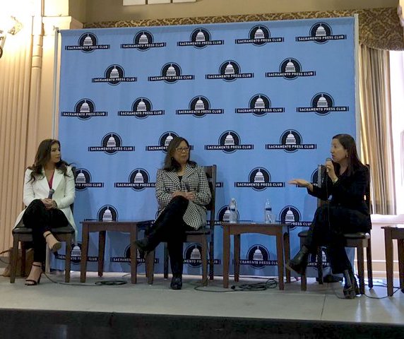 Lt. Gov. Eleni Kounalakis says the loss of state and local tax deductions on federal income taxes is a threat to California finances during a March 26, 2019, panel with Controller Betty Yee. Photo courtesy of Sacramento Press Club.