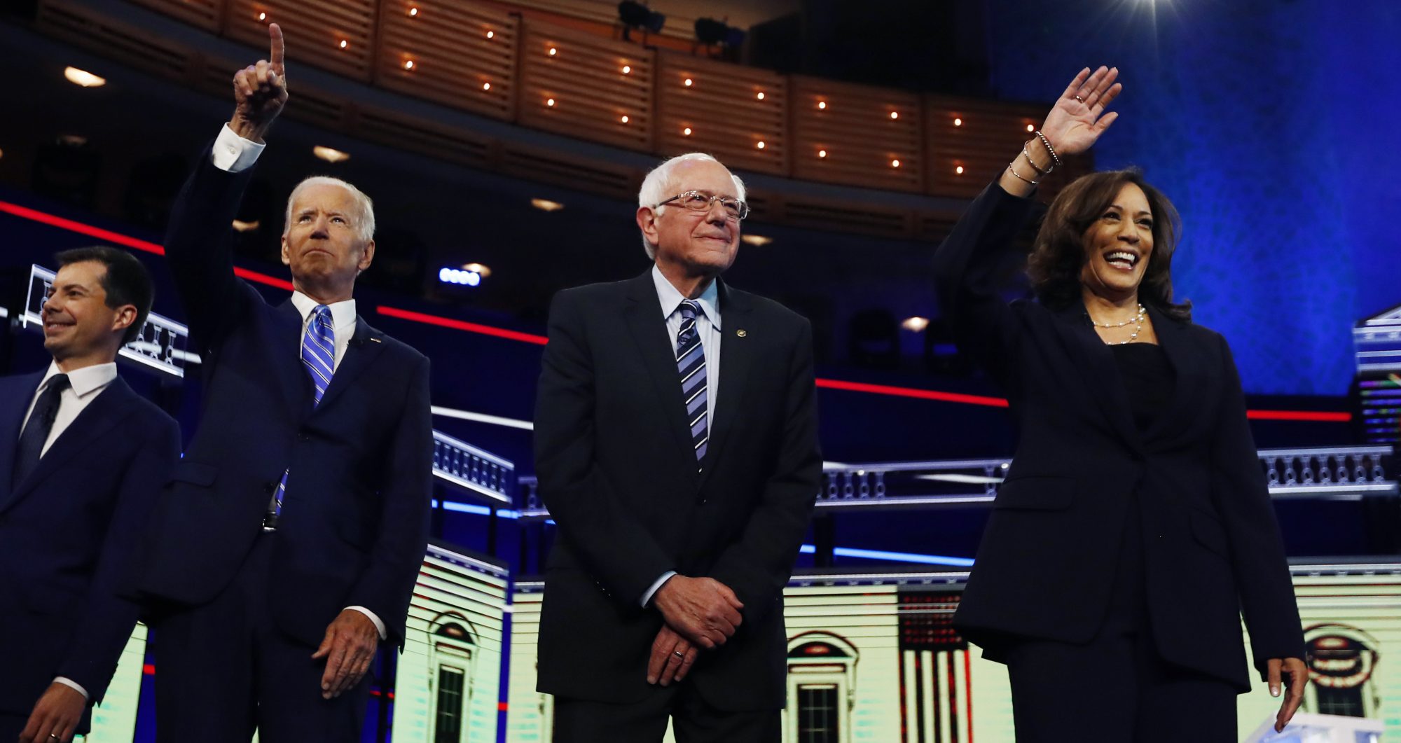 Democratic presidential candidates Pete Buttigieg, Joe Biden, Bernie Sanders, and Kamala Harris before the start of the Democratic primary debate hosted by NBC News at the Adrienne Arsht Center for the Performing Arts, Thursday, June 27, 2019, in Miami.