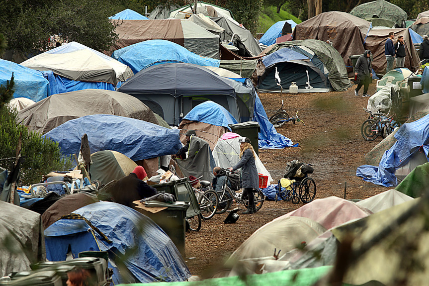 Homeless encampments like this one in Santa Cruz contribute to rising public concern about homelessness and housing in California. Photo by Dan Coyro/Santa Cruz Sentinel