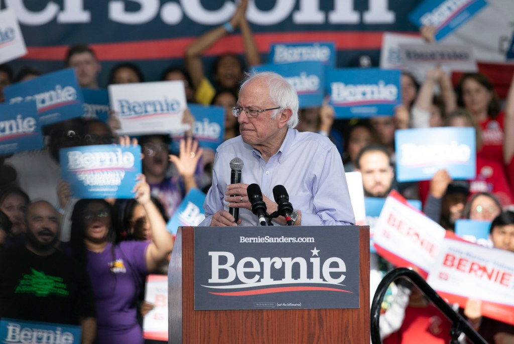 Sen. Bernie Sanders at a campaign rally at Craneway Pavilion in Richmond, CA on February 17, 2020. Photo by Anne Wernikoff for CalMatters
