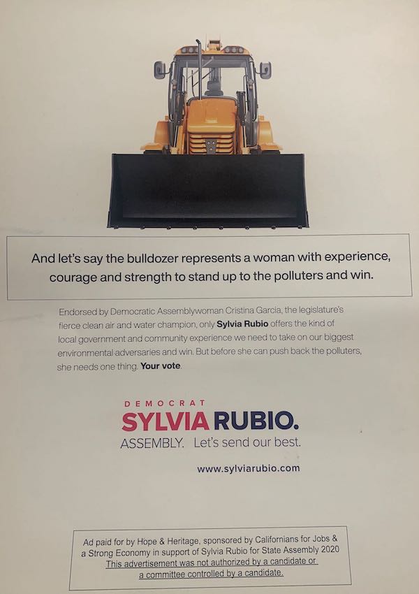 A mailer paid for by an independent expenditure committee to support state Senate candidate Sylvia Rubio. The funding group, Hope & Heritage, is funded by the pharmaceutical industry, the dialysis clinic operator Fresenius, and other large business.