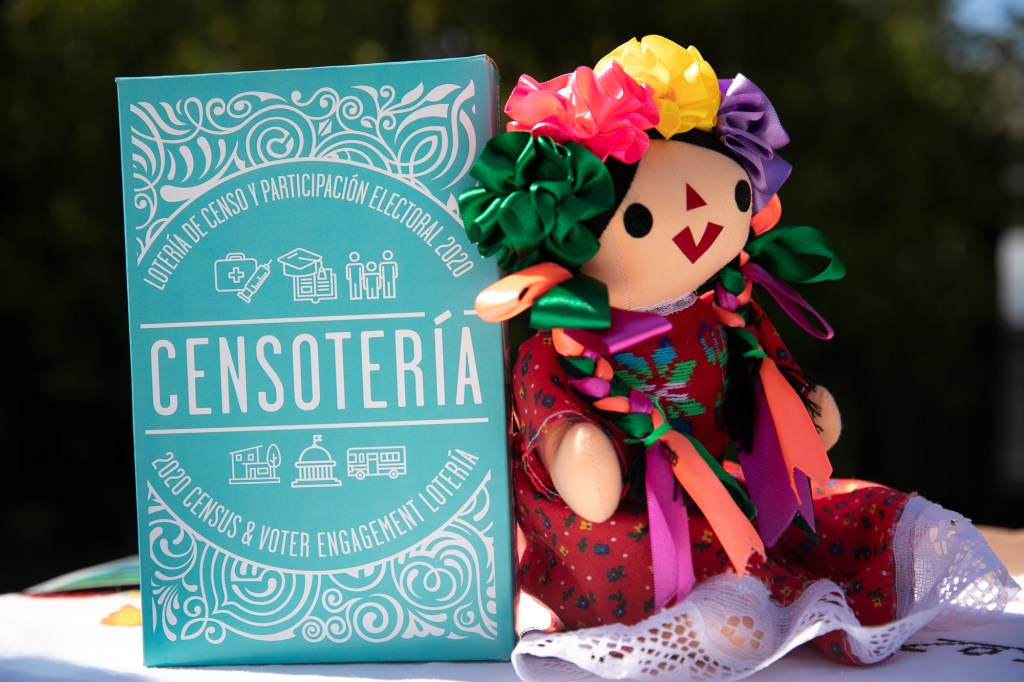 Censoteria, a card game developed at La Luz in Sonoma, is based off of the familiar La Loteria game and helps to engage community members with civics, the census and public services. Photo by Anne Wernikoff for CalMatters