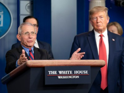 Dr. Anthony S. Fauci, director of the National Institute of Allergy and Infectious Diseases, and a member of the White House Coronavirus Task Force, responds to a reporter’s question at a coronavirus update briefing March 25, 2020, in the James S. Brady Press Briefing Room of the White House. Photo by Tia Dufour, Official White House Photo via Flickr