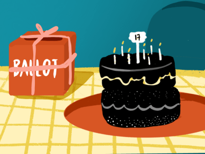 A birthday cake alongside a ballot box. CalMatters' video playlist allows voters to get up-to-speed on the dozen propositions on the November ballot in no time flat. Illustration by Rita Liu