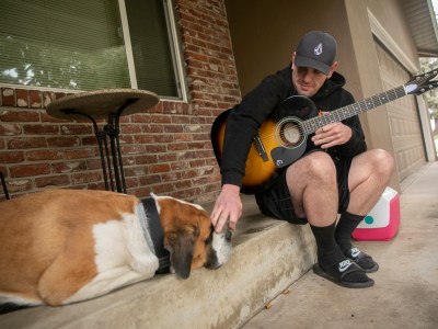 Matt Hoffman pets his Saint Bernard Jackson while on hold with Bank of America at his girlfriend’s house in Escalon on Nov. 13, 2020. Hoffman, who has been unemployed since suffering a stroke last year, has been unable to access his benefits since July. Photo by Anne Wernikoff for CalMatters