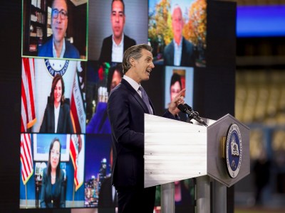Gov. Gavin Newsom delivers the State of the State address at Dodger Stadium in Los Angeles on March 9, 2021. Photo by Shae Hammond for CalMatters