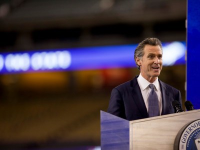 Gov. Gavin Newsom delivers the State of the State address at Dodger Stadium in Los Angeles on March 9, 2021. Photo by Shae Hammond for CalMatters