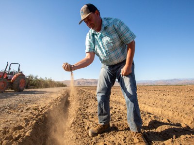 John Werner holds a handful of soil for a portrait in his soon-to-be pistachio grove near Visalia on June 10, 2021. He works as an educator to supplement his income from farming and is planning on planting pistachio trees soon. Photo by Shae Hammond for CalMatters