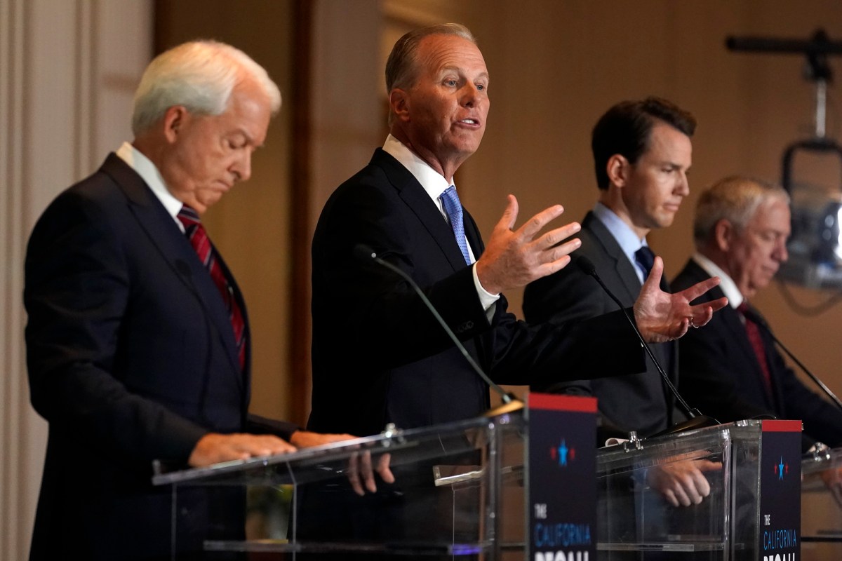 From left, Republican candidates for California Governor John Cox, Kevin Faulconer, Kevin Kiley and Doug Ose participate in a debate at the Richard Nixon Presidential Library, Aug. 4, 2021, in Yorba Linda. Photo by Marcio Jose Sanchez, AP Photo