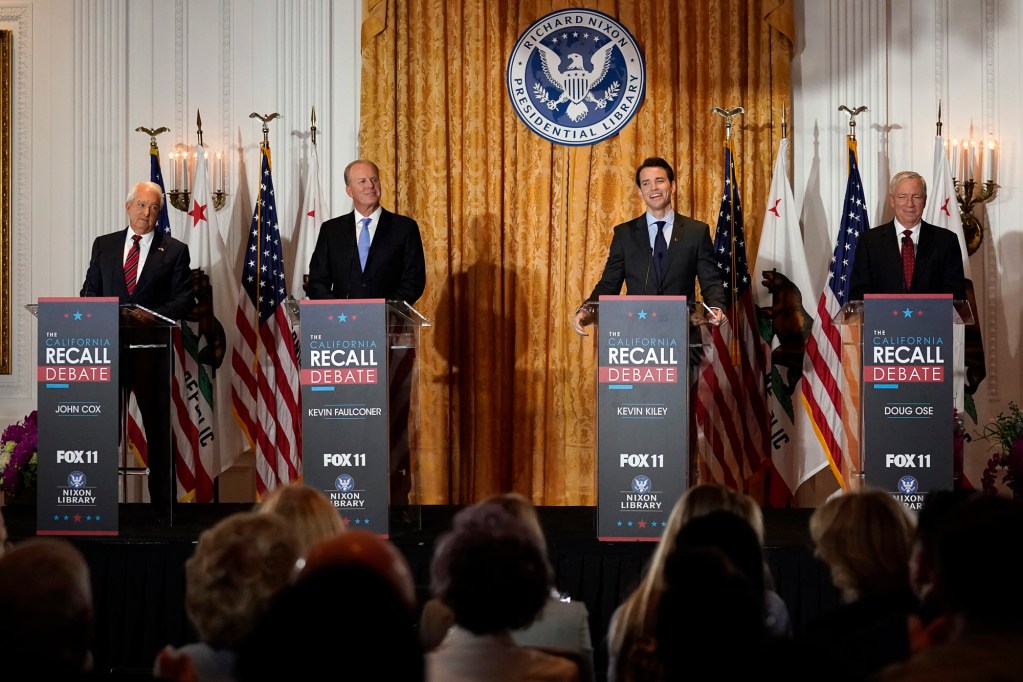 From left, Republican candidates for California Governor John Cox, Kevin Faulconer, Kevin Kiley and Doug Ose participate in a debate at the Richard Nixon Presidential Library, Aug. 4, 2021, in Yorba Linda. Photo by Marcio Jose Sanchez, AP Photo
