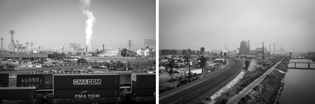 Left: The port of Long Beach. Right: The Dominguez Channel slices through the industrial landscape in Wilmington. Photos by Pablo Unzueta