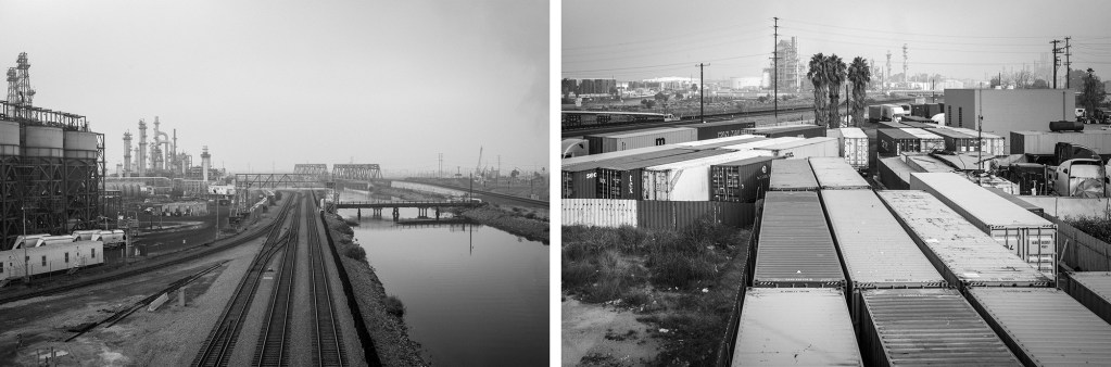 TKTKLeft: The Valero refinery in Wilmington through slight fog on Nov. 7, 2021. The Valero refinery is also located next to the Dominguez Channel, which was contaminated from a nearby warehouse fire. Right: Shipping containers near Anaheim Street in Wilmington on Nov. 7, 2021. Throughout the city of Wilmington, truck repair shops, warehouses, and container facilities are located on almost every block, generating a high volume of truck traffic.
