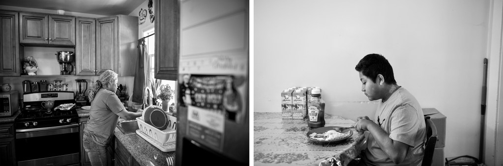 Dulce Altamirano washes dishes after cooking breakfast for her family in Wilmington. Altamirano has lived in this home for nearly 15 years. Her youngest child, Freddy Herrera, has struggled with irregular breathing, headaches and runny noses. Photos by Pablo Unzueta