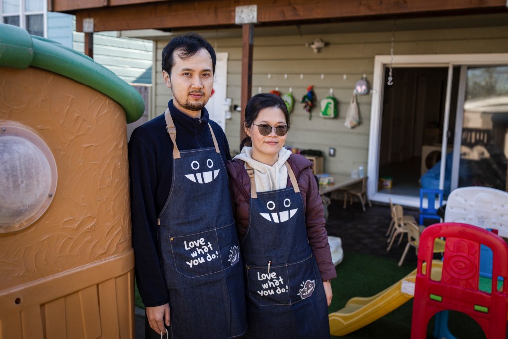 Oscar Tang, 35, and Pyrena Hui, 36, run the Modern Education Family Childcare in San Francisco on Thursday, January 20, 2022. The center had to close recently out of precaution after a child who attends the center had tested positive for Covid-19. Photo by Thalia Juarez for CalMatters