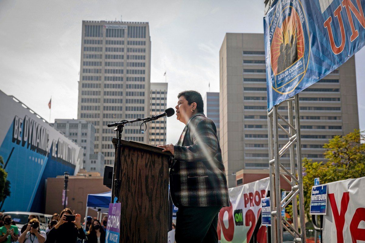 San Diego City Council President speaks at a San Diego and Imperial Counties Labor Council drive-in rally in San Diego. on Nov. 3, 2020. Sam Hodgson/The San Diego Union-Tribune via AP