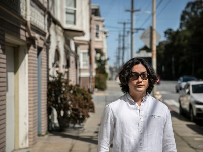 Jesse Driskill is photographed outside his home in San Francisco on Apr. 7, 2022. Driskill left City College of San Francisco and is now attending a for-profit coding academy. Photo by Martin do Nascimento, CalMatters