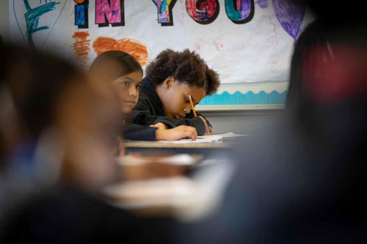State test results show California students overall performed much worse in math and English language arts than pre-pandemic, but a persistent achievement gap didn't worsen, as initially feared. Students at a classroom at St. HOPE’s Public School 7 Elementary in Sacramento on May 11, 2022. Photo by Miguel Gutierrez Jr., CalMatters