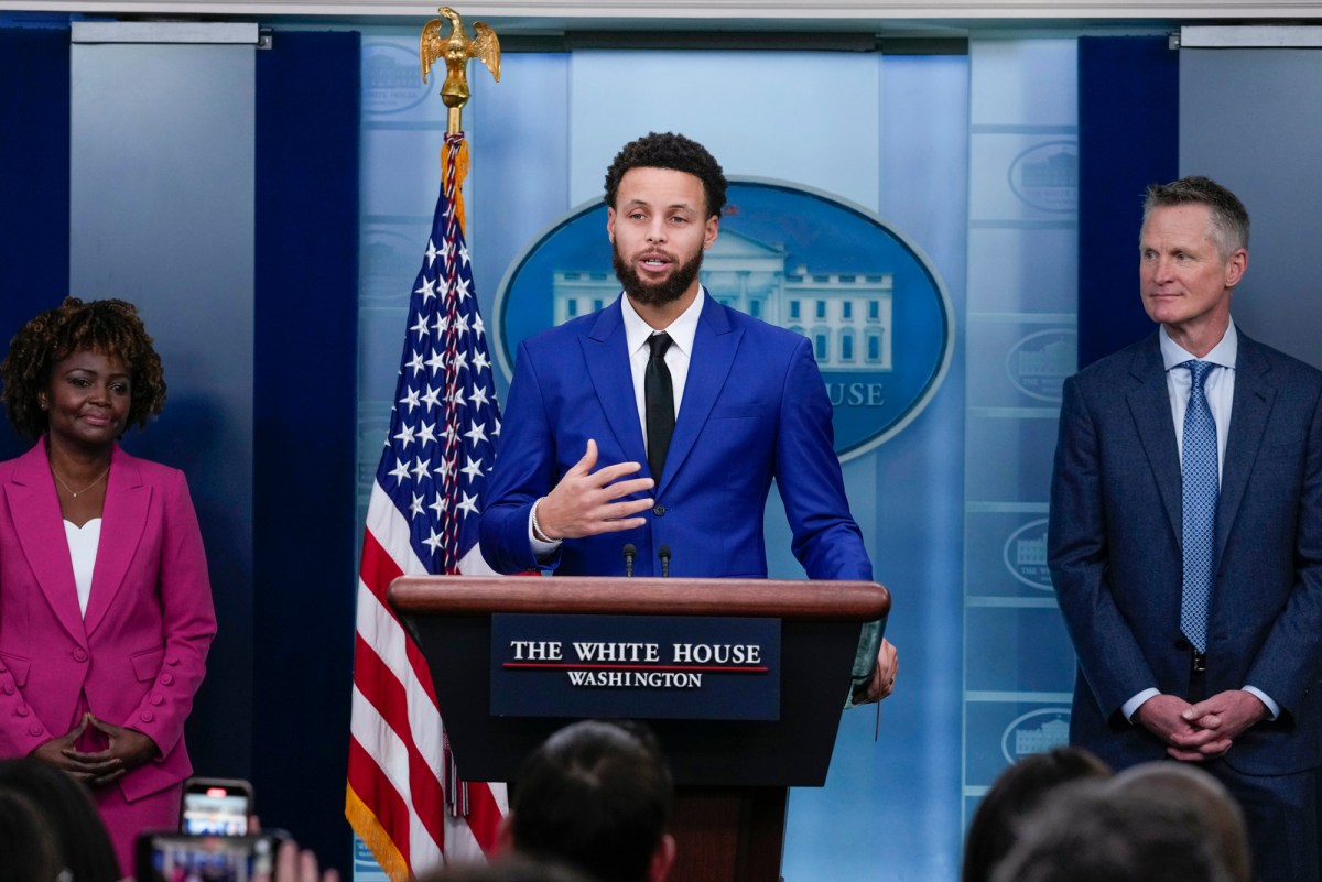 Golden State Warriors Stephen Curry, joined by Head Coach Steve Kerr and White House press secretary Karine Jean-Pierre, speaks during the daily briefing at the White House in Washington, on Jan. 17, 2023. Photo by Carolyn Kaster, AP Photo