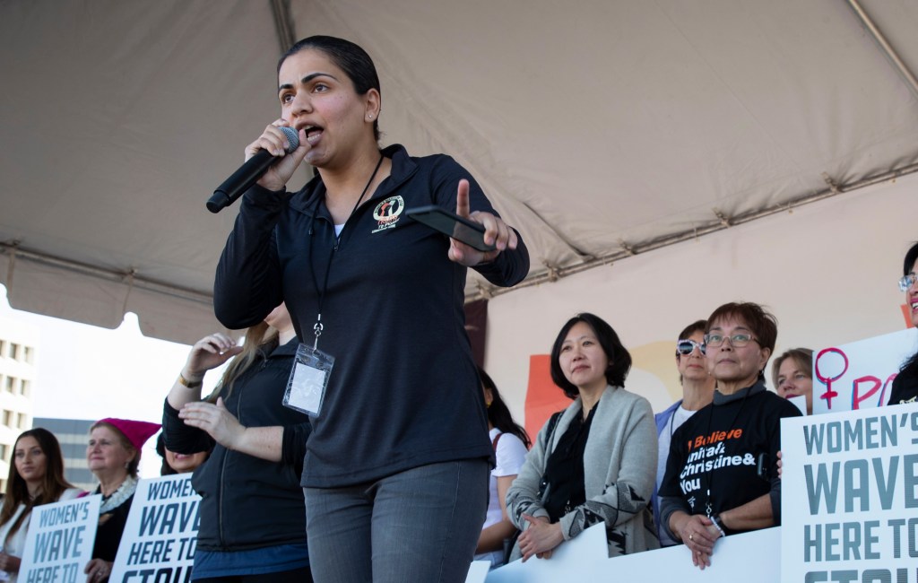 Aisha Wahab, a Democrat running for state Senate, speaks at the 2019 Women’s March San Jose. Photo by Jim Gensheimer, Special to Bay Area News Group
