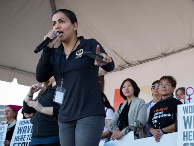 Aisha Wahab, a Democrat running for state Senate, speaks at the 2019 Women’s March San Jose. Photo by Jim Gensheimer, Special to Bay Area News Group