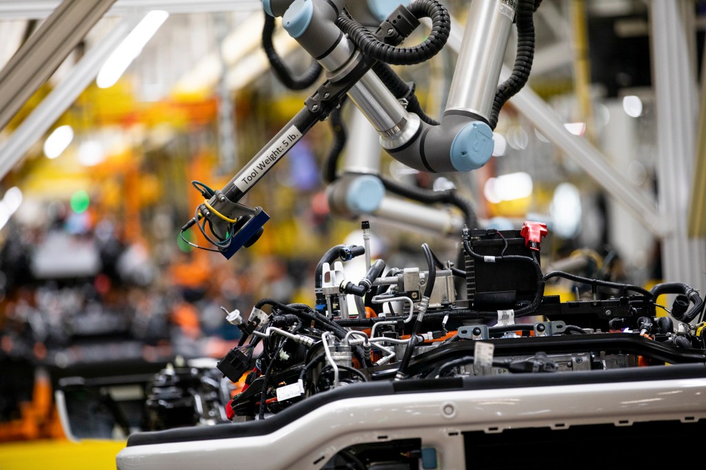 The battery for an electric Ford F-150 Lightning on the assembly line at Ford River Rouge complex in Dearborn, Michigan on April 4, 2023. Photo by Emily Elconin for CalMatters