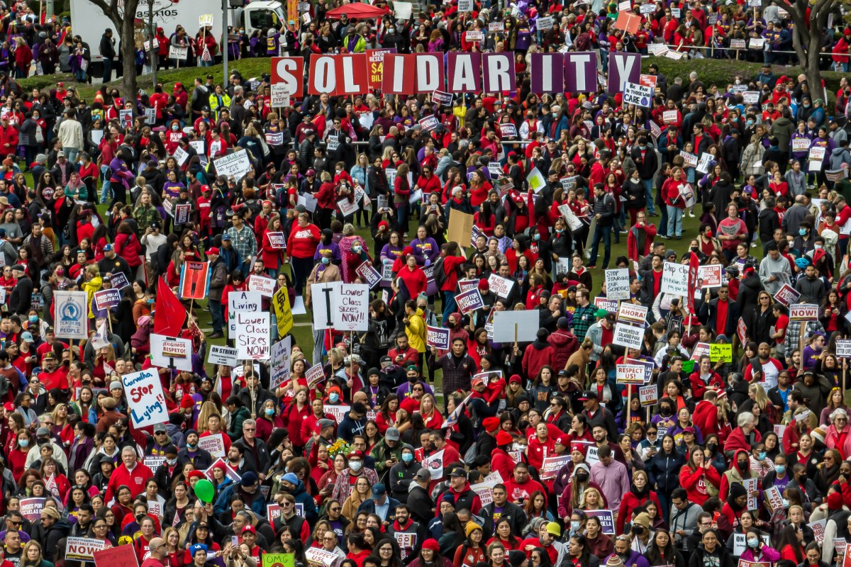Teachers from UTLA (United Teachers Los Angeles) and SEIU 99 (Service Employees International Union) workers at a solidarity rally in downtown Los Angeles on March 15, 2023. Photo by Ted Soqui/SIPA USA via Reuters