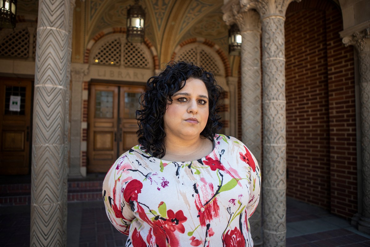 Bernadette Moordigian in front of the Fresno City College library on July 5, 2022. Photo by Larry Valenzuela, CalMatters/CatchLight Local