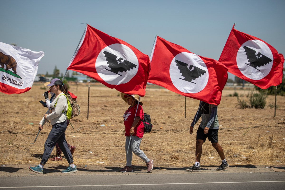 Members and supporters of the United Farm Workers march through Fresno during day 10 of their 24-day march on Aug. 12, 2022. Photo by Larry Valenzuela, CalMatters/CatchLight Local