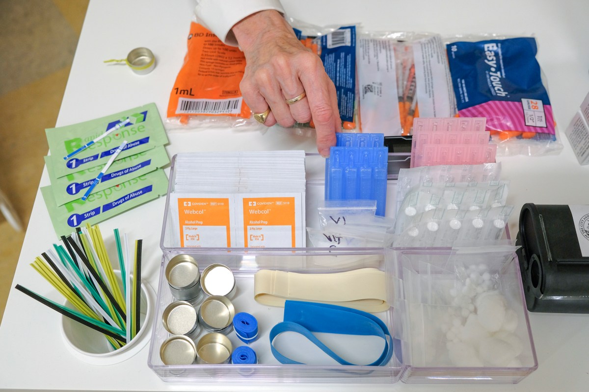 Supplies are shown on a desk at Safer Inside, a realistic model of a safe injection site in San Francisco, Aug. 29, 2018. Photo by Eric Risberg, AP