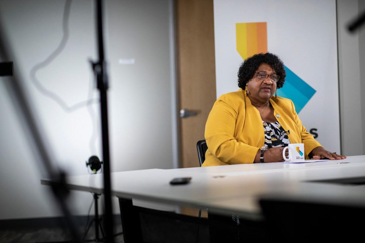 California Secretary of State Shirley Weber is interviewed at the CalMatters offices on Oct. 5, 2022. Photo by Martin do Nascimento, CalMatters