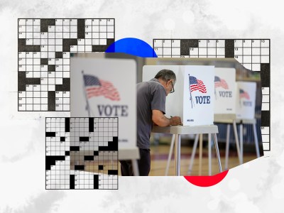 A voter casts a ballot for the 2022 California election. Illustration by Miguel Gutierrez Jr., CalMatters; iStock
