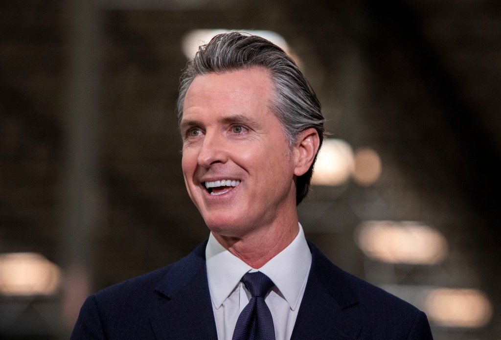 California Governor Gavin Newsom is photographed at a press conference in Fontana on February 17, 2022. Photo by Alisha Jucevic for CalMatters