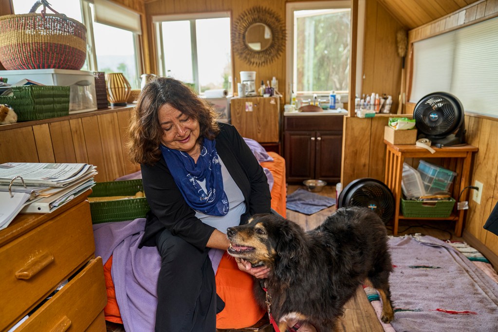 Ojai City Councilmember Suza Francina in her 140-square-foot temporary home provided by a friend after she became homeless in Ojai on June 13, 2023. Photo by Lauren Justice for Cal Matters