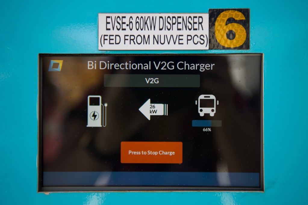 A Bi Directional V2G charger at the Cajon Valley Union School District in El Cajon on March 27, 2023. The chargers are used to power the school electric school bus fleet. Photo via the California Energy Commission