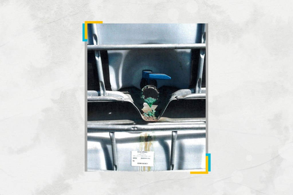 A leaking container in ERS-2 at Phibro-Tech Inc.on Sept. 4, 2019. Photo by Bailey Franklin, Department of Toxic Substances Control