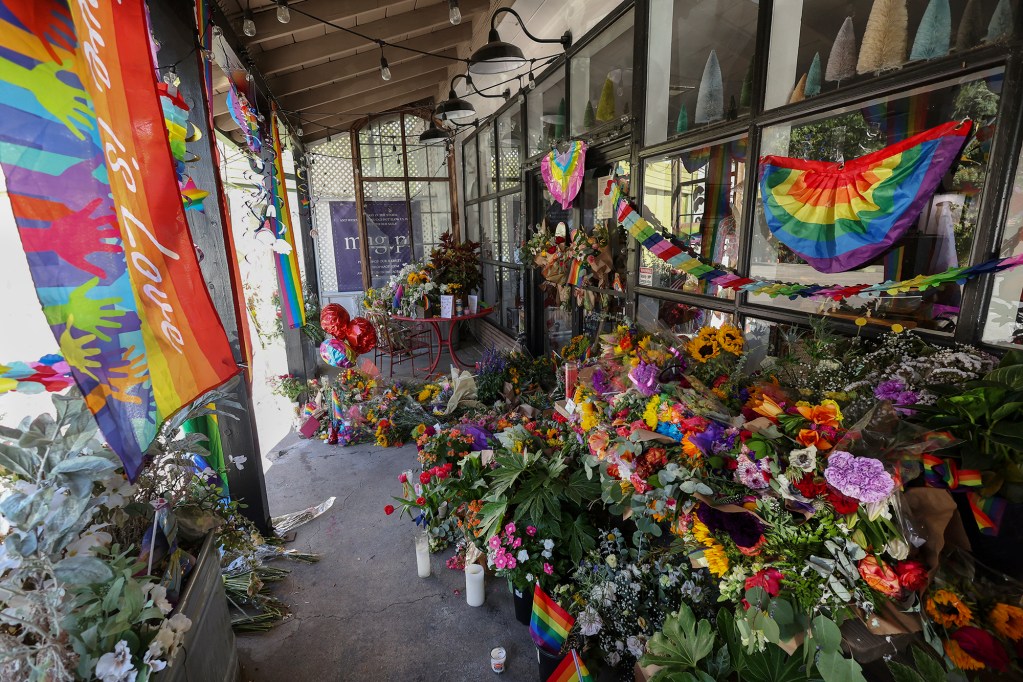 A makeshift memorial for store owner Laura Ann Carleton, 66, who was shot and killed following an argument about a pride flag hanging outside her business in Cedar Glen. August 24, 2023. Photo by Mario Anzuoni, Reuters