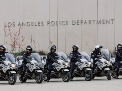 Los Angeles Police officers lined up outside their headquarters in downtown Los Angeles on June 28, 2023. Photo by Mike Blake, REUTERS