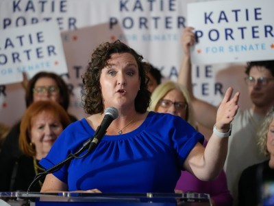 U.S. Rep. Katie Porter speaks to supporters at an election night party in Long Beach on March 5, 2024. Photo by Damian Dovarganes, AP Photo