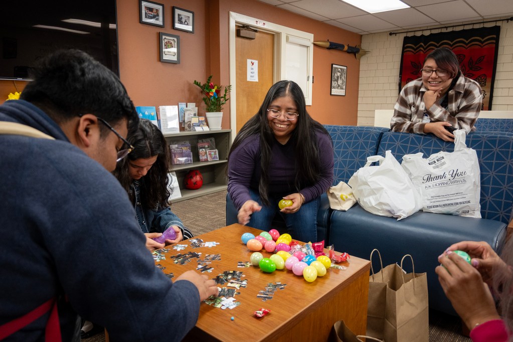 Students take part in an Easter related event at the Native American Academic Student Success Center at UC Davis on April 1, 2024. Photo by José Luis Villegas for CalMatters