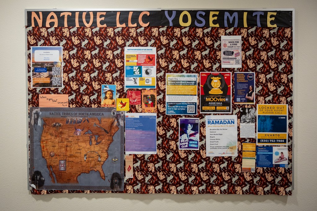 A bulletin board in a hallway near the dorm rooms of Native American students at Yosemite Hall at UC Davis on April 1, 2024. Photo by José Luis Villegas for CalMatters