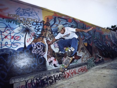 Jereme Schadler, 20, jumps over benches with his skateboard, at the "the graffiti pit" in Venice on Oct. 1, 1997. Photo by Mark J. Terrill, AP Photo
