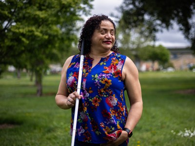 Lisamaria Martinez, who is blind, is one of the plaintiffs in a 2013 lawsuit against Alameda County over a voting machine malfunction that forced her to dictate her vote to someone else. Photo by Manuel Orbegozo for CalMatters