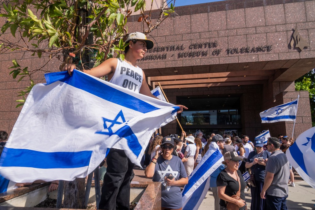Eldar Avital joins pro-Israel supporters to condemn a violent protest the previous weekend outside Adas Torah synagogue as members of the Jewish community gather at Simon Wiesenthal Center on Monday, June 24, 2024, in Los Angeles. Photo by Damian Dovarganes, AP Photo