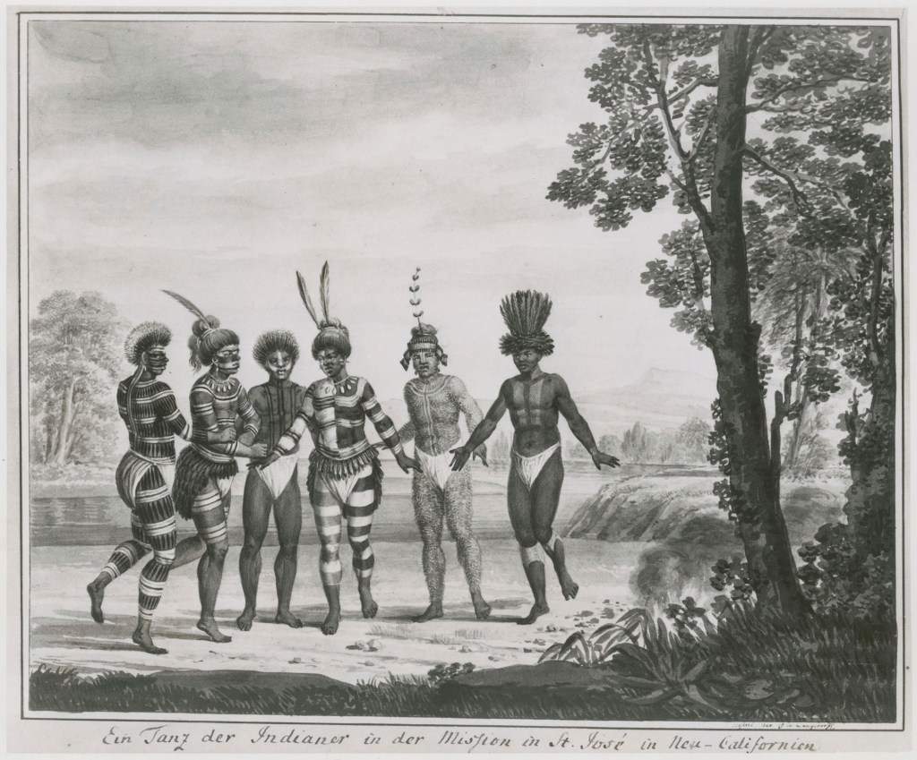 Black-and-white illustration depicting five Indigenous people engaged in a traditional dance. The figures are adorned with body paint and minimal clothing, some wearing feathered headdresses and accessories. The setting appears to be by a river with trees in the background.