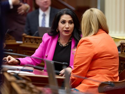 Two people face each other and talk as they sit on desks at the Senate floor of the state Capitol in Sacramento. The person on the left has long black hair and wears a bright pink blazer. The person on the right, and with their back facing the camera, has blond hair and wears an orange blazer.
