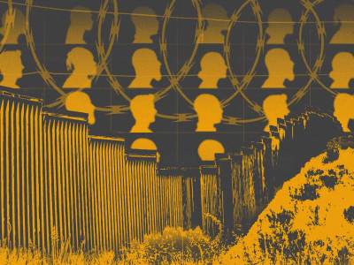 Photo illustration of a steel border fence along chaparral; behind that fence there are multiple silhouettes of people’s side profiles intertwined with barbed wire