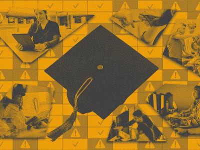 Photo illustration of a graduation cap, surrounded by angular vignettes of an Asian woman in scrubs on an Ipad, a closeup of a hand cutting hair, a man using a circular saw, a Black woman on the computer, a man pointing to a computer screen while talking to a woman, a Black woman driving a truck; the background shows a grid with some cells filled with a triangular caution sign and some filled with a checkmark